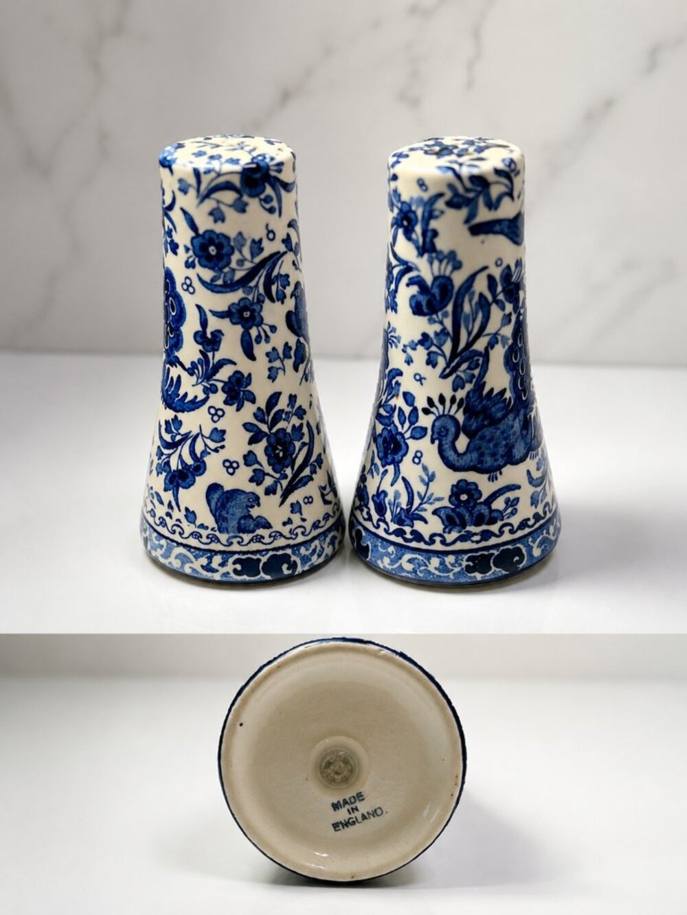 SP-15-Vintage English Blue White Bird Shaker Set Cottagecore Decor